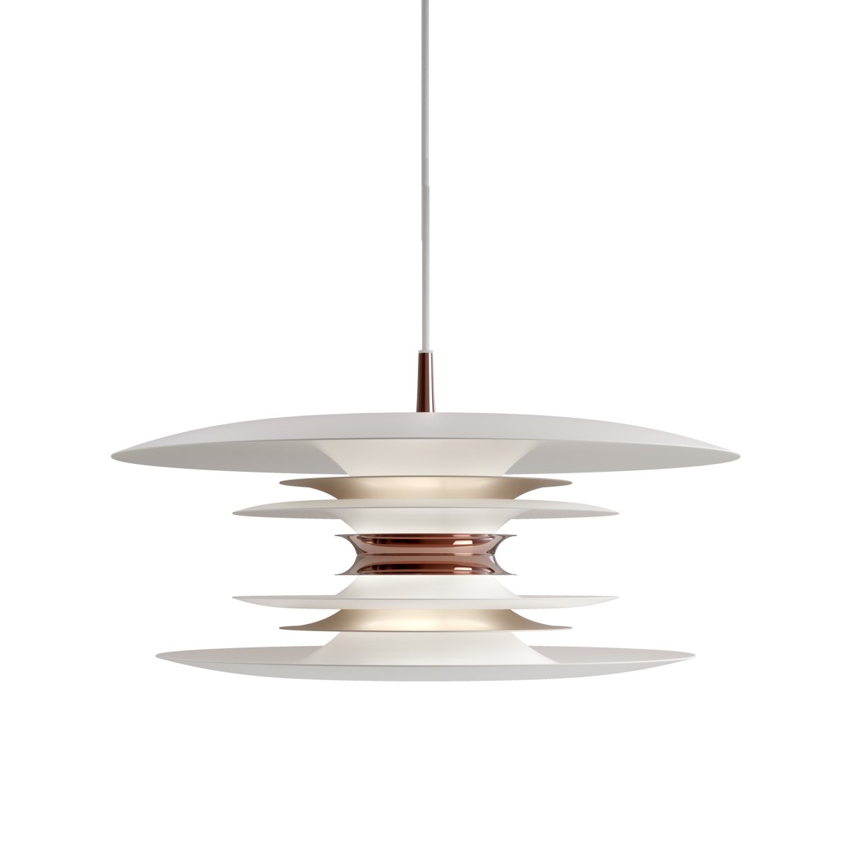 Diablo Ø50 Hvid/rosé loftslampe Fra Belid - Dette dekorative metalvedhæng i hvid og rosa guld giver et moderne touch til dit værelse, perfekt til ekstra lys over dit middagsbord.