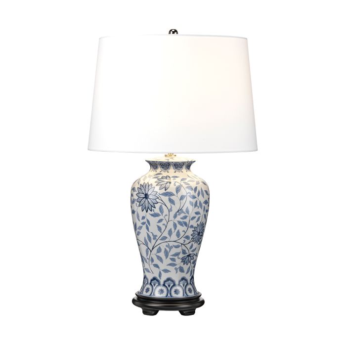 Ying 65cm Blå bordlampe Fra Elstead Lighting - Vacker bordslampa med dekorativt bl&aring;tt och vitt m&ouml;nster p&aring; porslinbasen med en m&ouml;rk tr&auml;bas och satin-nickeldetaljer.