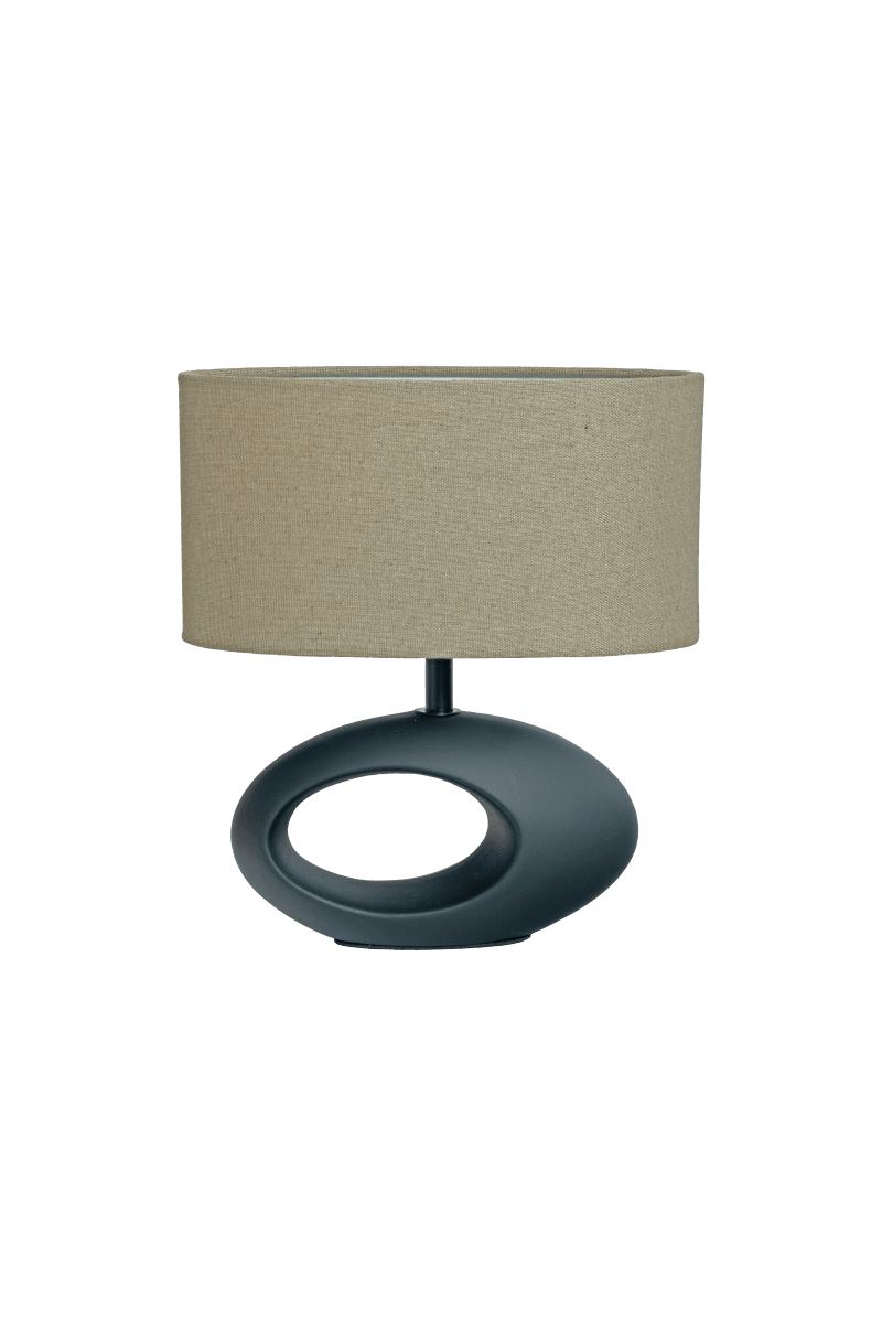 Zoom billede af Olina 24cm Sort bordlampe Fra Aneta Lighting - Olina bordlampen har en sort keramisk base med et moderne design og en oval lampesk&aelig;rm i brunt tekstil.