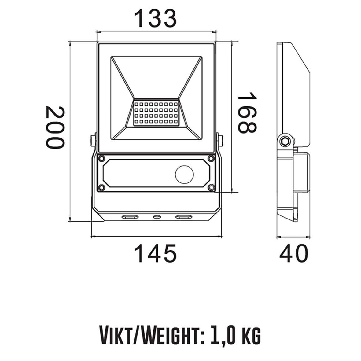 Elly projektør 30W sensor Sort Fra Designlight - Elly 30W er en kompakt og p&aring;lidelig LED-projekt&oslash;r udstyret med en PIR-sensor og fjernbetjening for nem programmering.