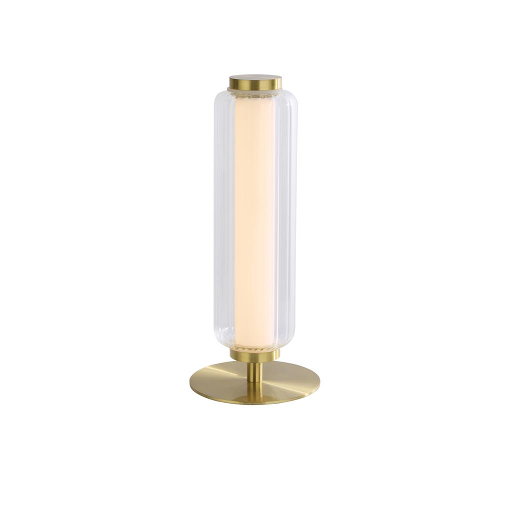 Mod 30cm Messing bordlampe Fra Searchlight - Inde i sk&aelig;rmen er en opal diffusor, der giver et bl&oslash;dt, j&aelig;vnt og bl&aelig;ndfrit lys i rummet.