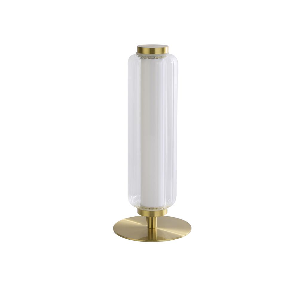 Mod 30cm Messing bordlampe Fra Searchlight - Inde i sk&aelig;rmen er en opal diffusor, der giver et bl&oslash;dt, j&aelig;vnt og bl&aelig;ndfrit lys i rummet.