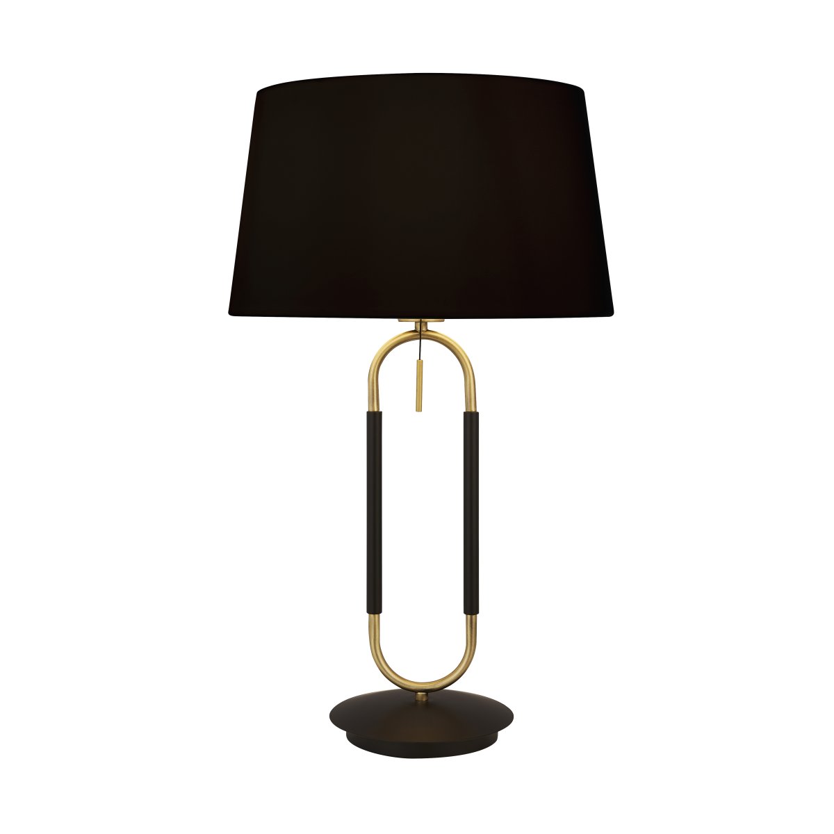 Jazz 50cm Mat sort bordlampe Fra Searchlight - Den geometriske metalramme i guld og sort skaber en harmonisk kontrast, mens den sorte lampesk&aelig;rm spreder et bl&oslash;dt og behageligt lys.