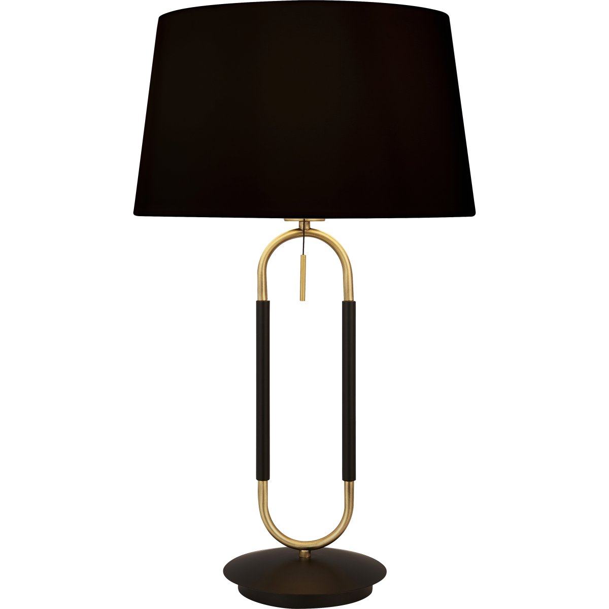 Jazz 50cm Mat sort bordlampe Fra Searchlight - Den geometriske metalramme i guld og sort skaber en harmonisk kontrast, mens den sorte lampesk&aelig;rm spreder et bl&oslash;dt og behageligt lys.