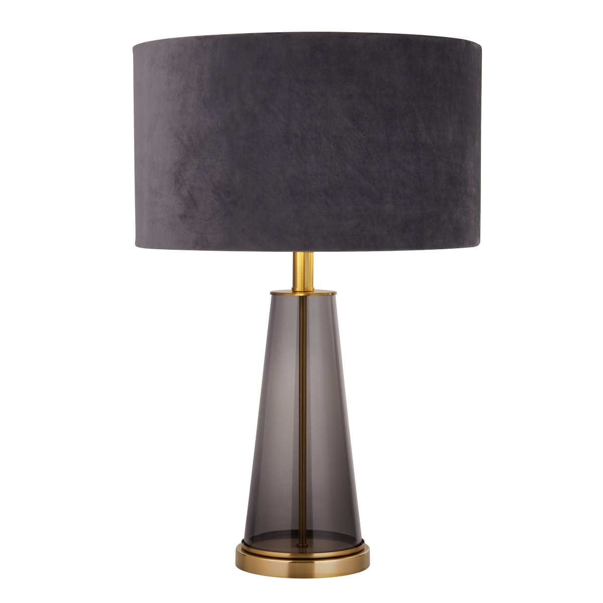 Verona 44cm Grå bordlampe Fra Searchlight - Med base i røget glas og guld, toppet med en grå; fløjlsskærm, denne 60 cm høje bordlampe bliver en elegant og sofistikeret detalje i dit hjem.