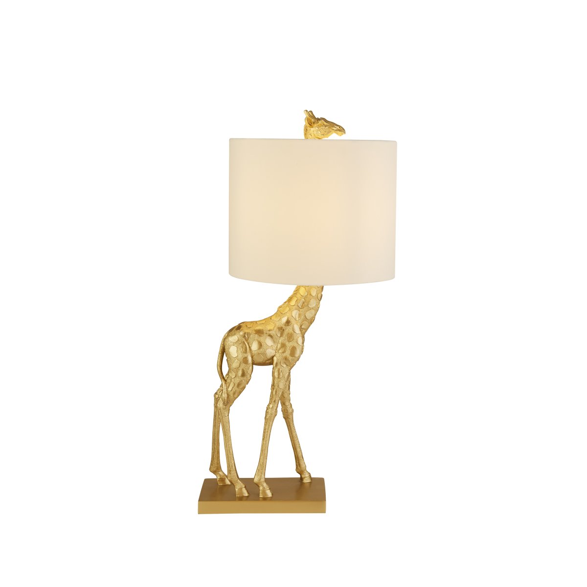 Giraffe 40cm Guld bordlampe Fra Searchlight - Den stilrene hvide skærm giver et blødt og behageligt lys, perfekt til at skabe en hyggelig atmosfære i børneværelset, stuen eller hallen.