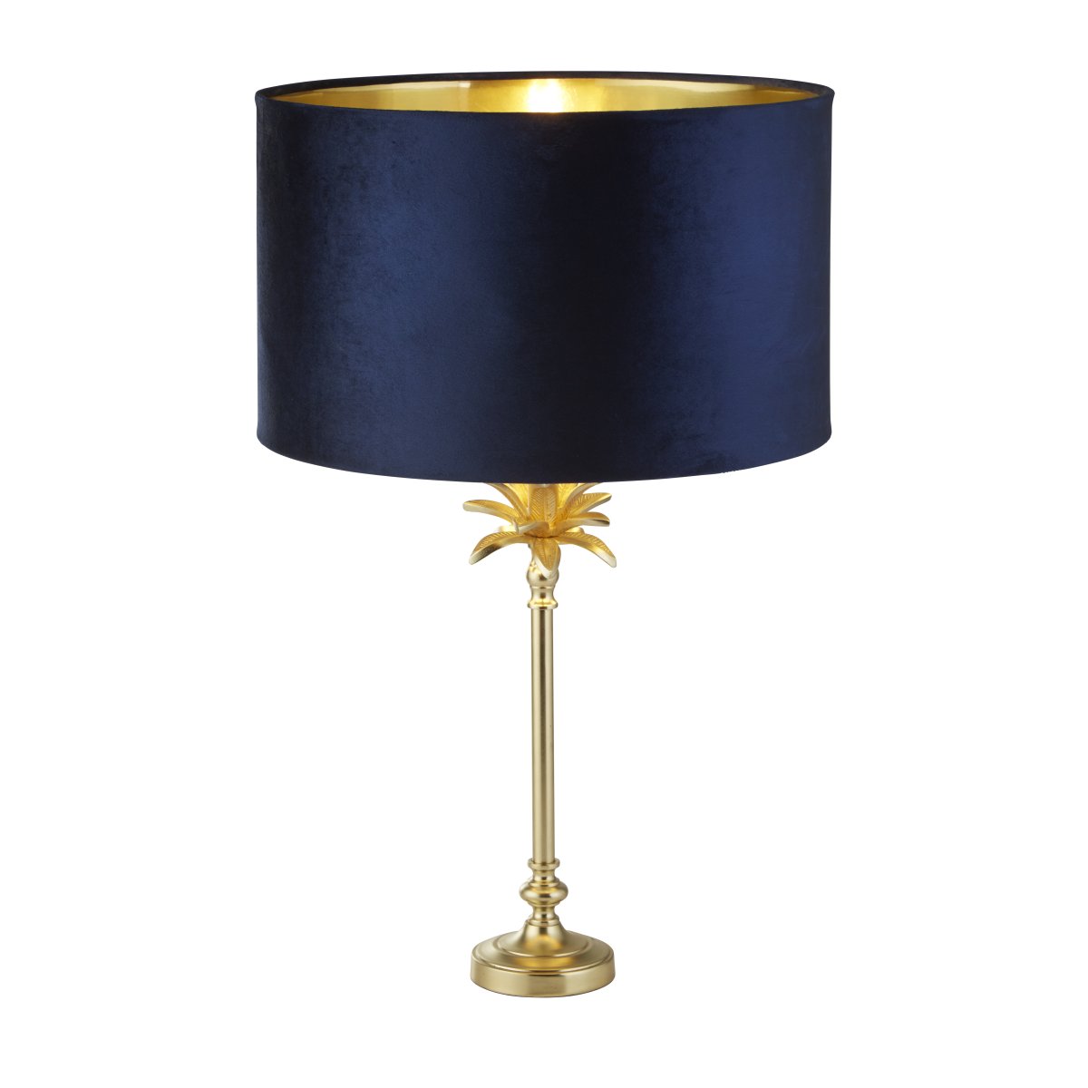 Palm 45cm Blå bordlampe Fra Searchlight - Bordlampen har en satin messing base i form af en håndflade, toppet med en luksuriøs mørkeblå; fløjlsskærm med guldfarvet interiør, der tilføjer en følelse af elegance og sofistikering til rummet.