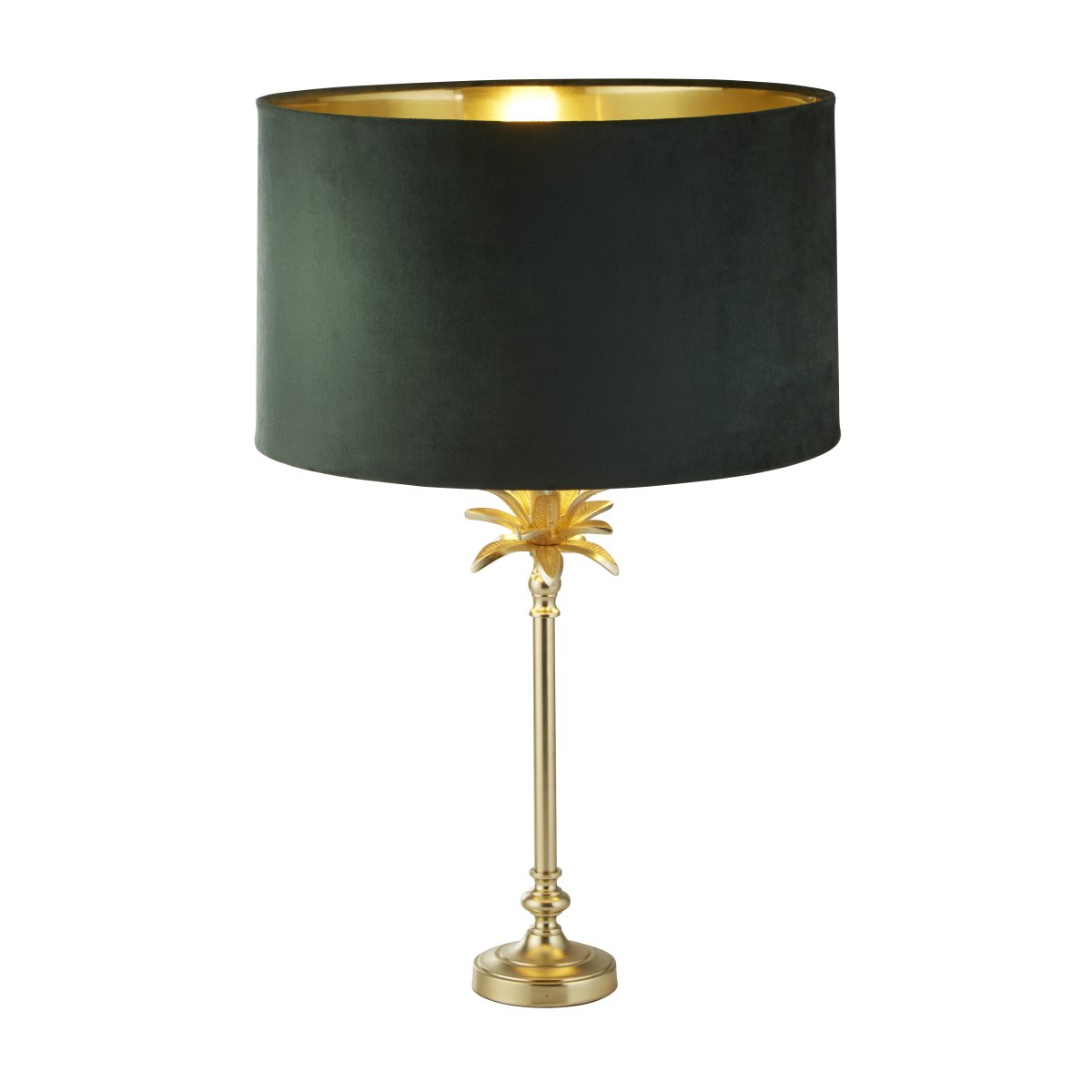 Palm 45cm Grøn bordlampe Fra Searchlight - Bordlampen har en satin messing base i form af en håndflade, toppet med en luksuriøs mørkegrå fløjlsskærm med et guldfarvet interiør, der tilføjer en følelse af elegance og sofistikering til rummet.