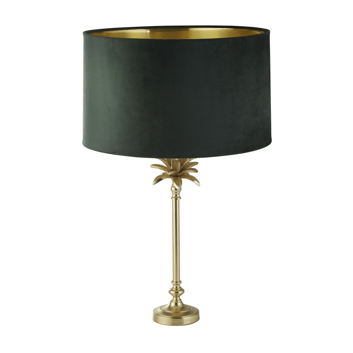 Palm 45cm Grøn bordlampe Fra Searchlight - Bordlampen har en satin messing base i form af en håndflade, toppet med en luksuriøs mørkegrå fløjlsskærm med et guldfarvet interiør, der tilføjer en følelse af elegance og sofistikering til rummet.