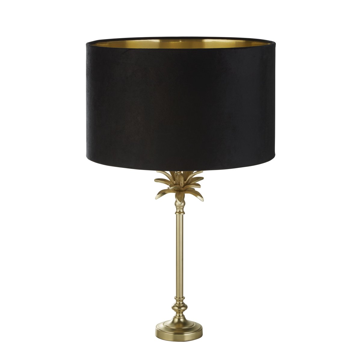 Palm 45cm Sort bordlampe Fra Searchlight - Bordlampen har en satin messing base i form af en håndflade, toppet med en luksuriøs sort fløjlsskærm med et guldfarvet interiør, der tilføjer en følelse af elegance og sofistikering til rummet.