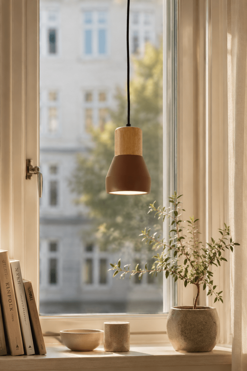 Pepe Ø13 Rust vindueslampe Fra Nordic Lighting - Kombinationen af tr&aelig; og beton giver et robust og samtidig varmt udtryk, mens den matte rustfarve tilf&oslash;jer en rolig og trendy fornemmelse.