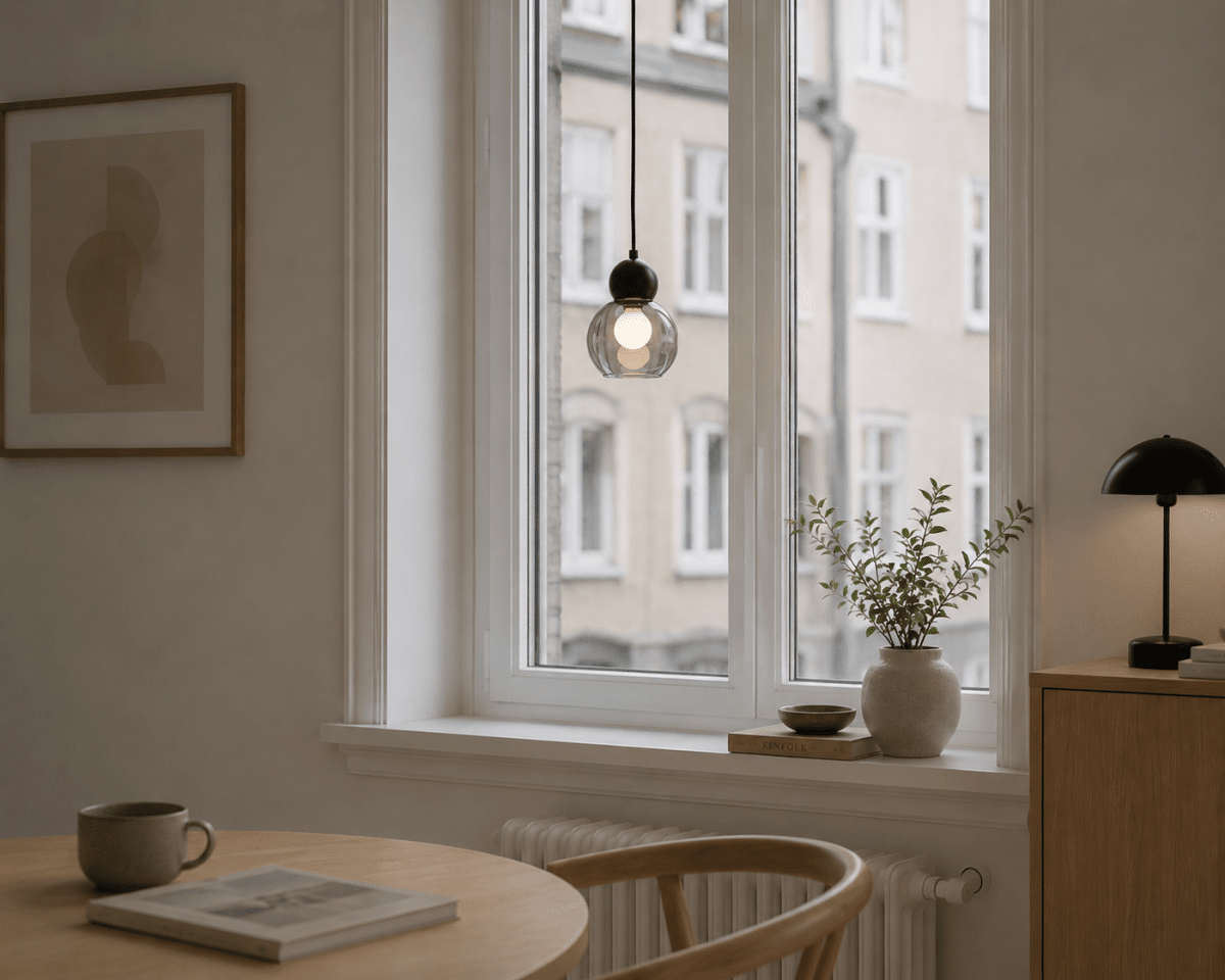 Barba Ø15 Røg/sort vindueslampe Fra Lampan - Den sorte metaltop giver et elegant og tidl&oslash;st udtryk, mens den r&oslash;gede glassk&aelig;rm skaber et bl&oslash;dt og behageligt lys.