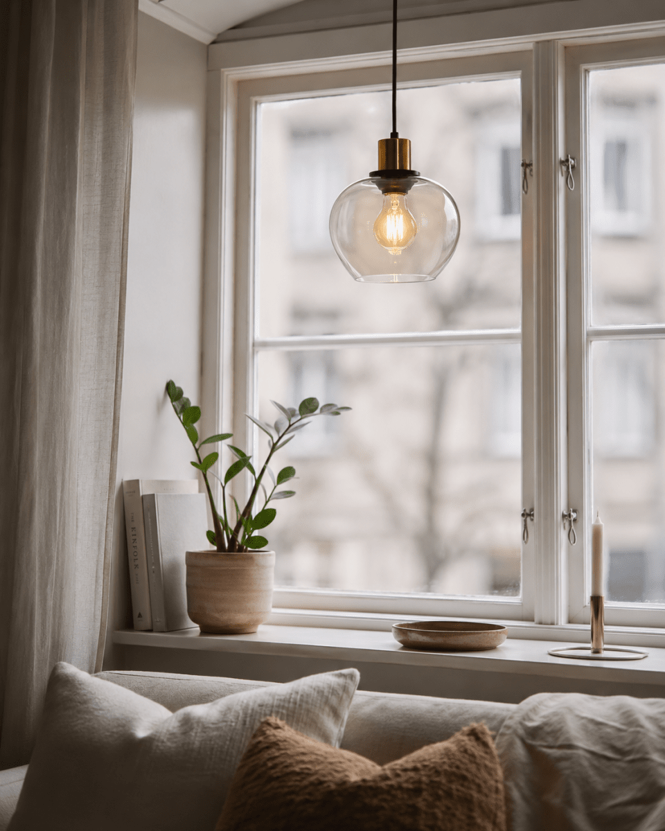 Ariston Ø20 Rav vindueslampe Fra Lampan - Den ravfarvede glassk&aelig;rm giver et varmt og behageligt lys, mens detaljerne i b&oslash;rstet messingfinish tilf&oslash;jer et moderne og eksklusivt pr&aelig;g.