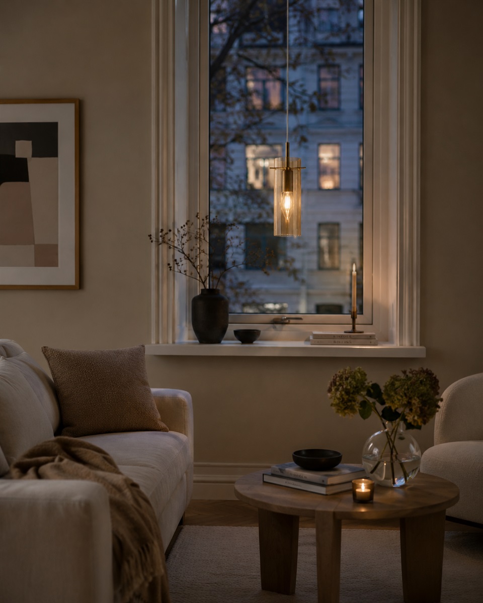 Cilinda Ø7 Messing/rav vindueslampe Fra Nordic Lighting - Det ravfarvede glas skaber en flot lysspredning, og i kombination med de antikke messingdetaljer bliver den en stilfuld indretningsdetalje.