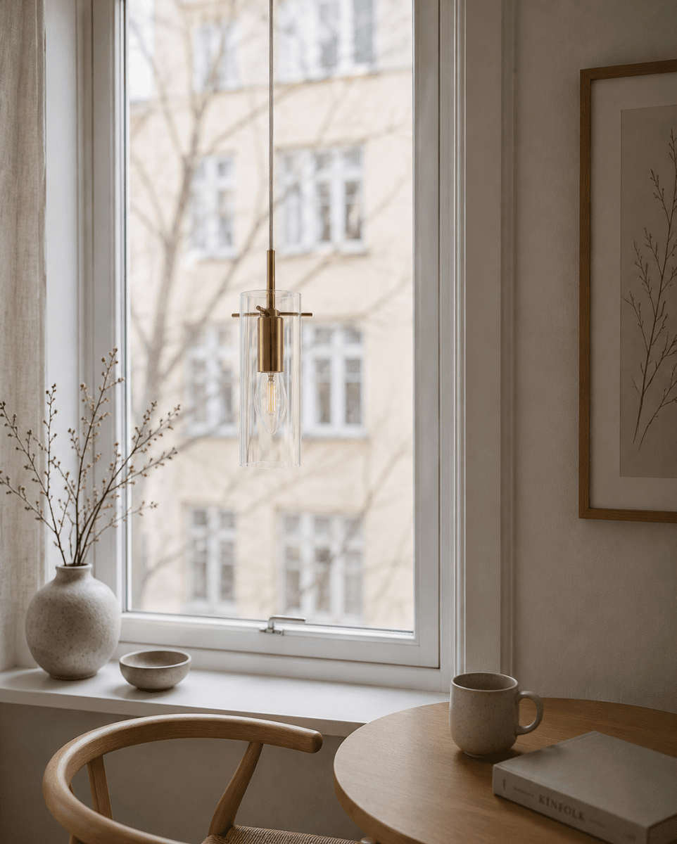 Cilinda Ø7 Messing/transparent vindueslampe Fra Nordic Lighting - Det klare glas skaber en flot spredning af lys og i kombination med messingdetaljerne bliver det til en stilfuld indretningsdetalje.