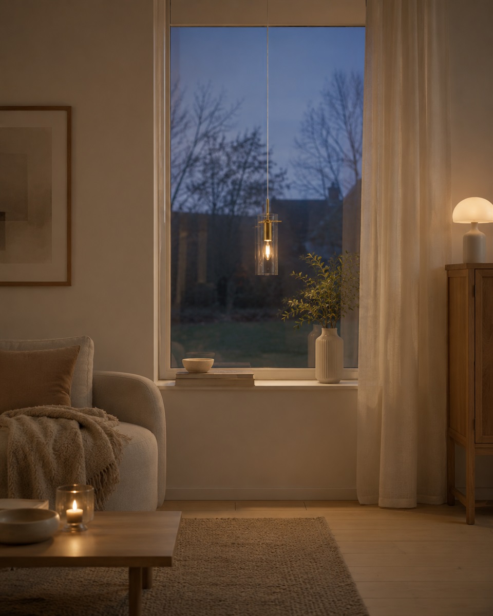 Cilinda Ø7 Messing/transparent vindueslampe Fra Nordic Lighting - Det klare glas skaber en flot spredning af lys og i kombination med messingdetaljerne bliver det til en stilfuld indretningsdetalje.