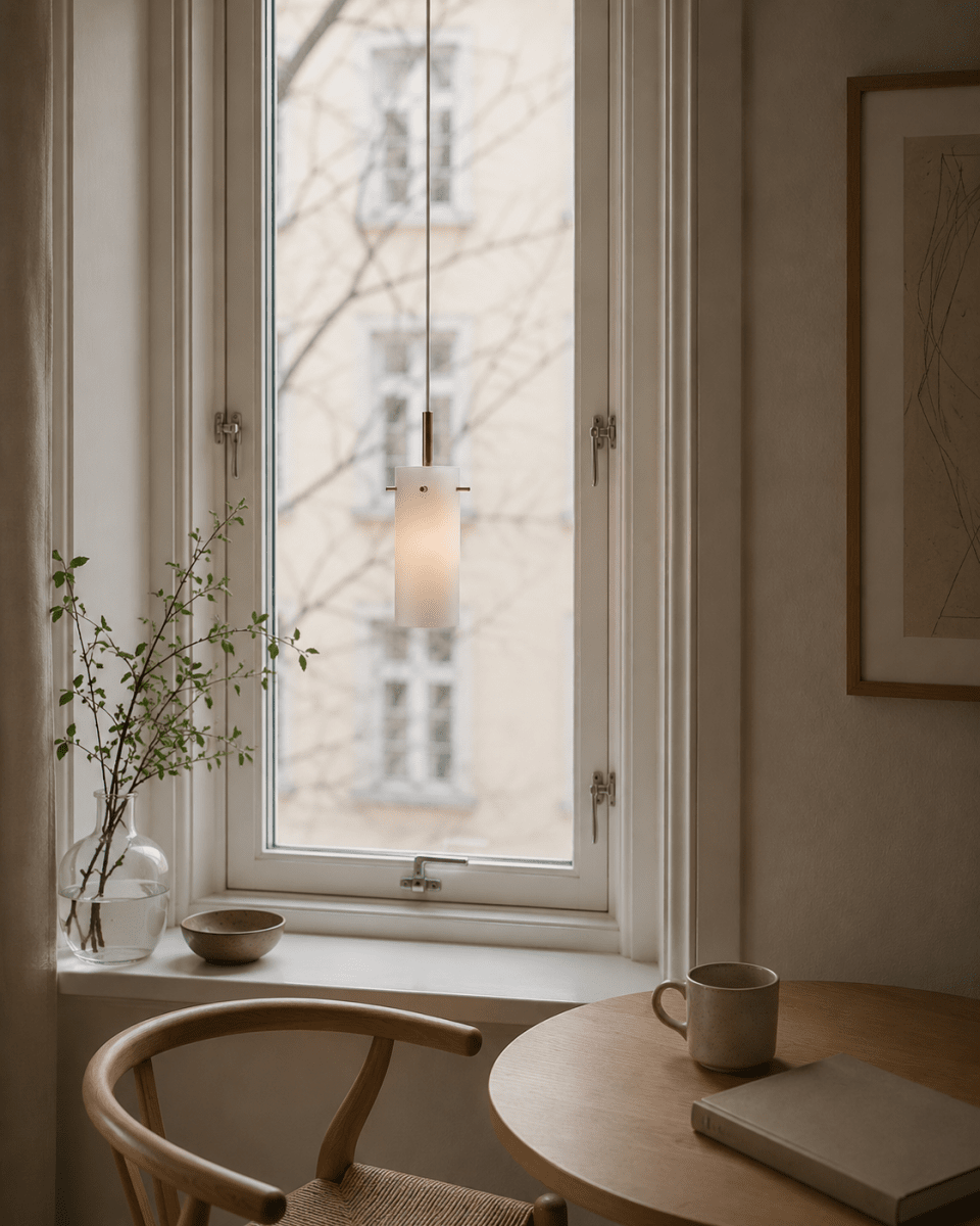 Cilinda Ø7 Messing/hvid vindueslampe Fra Nordic Lighting - Det hvide glas skaber en flot spredning af lys og i kombination med messingdetaljerne bliver det en stilfuld indretningsdetalje.