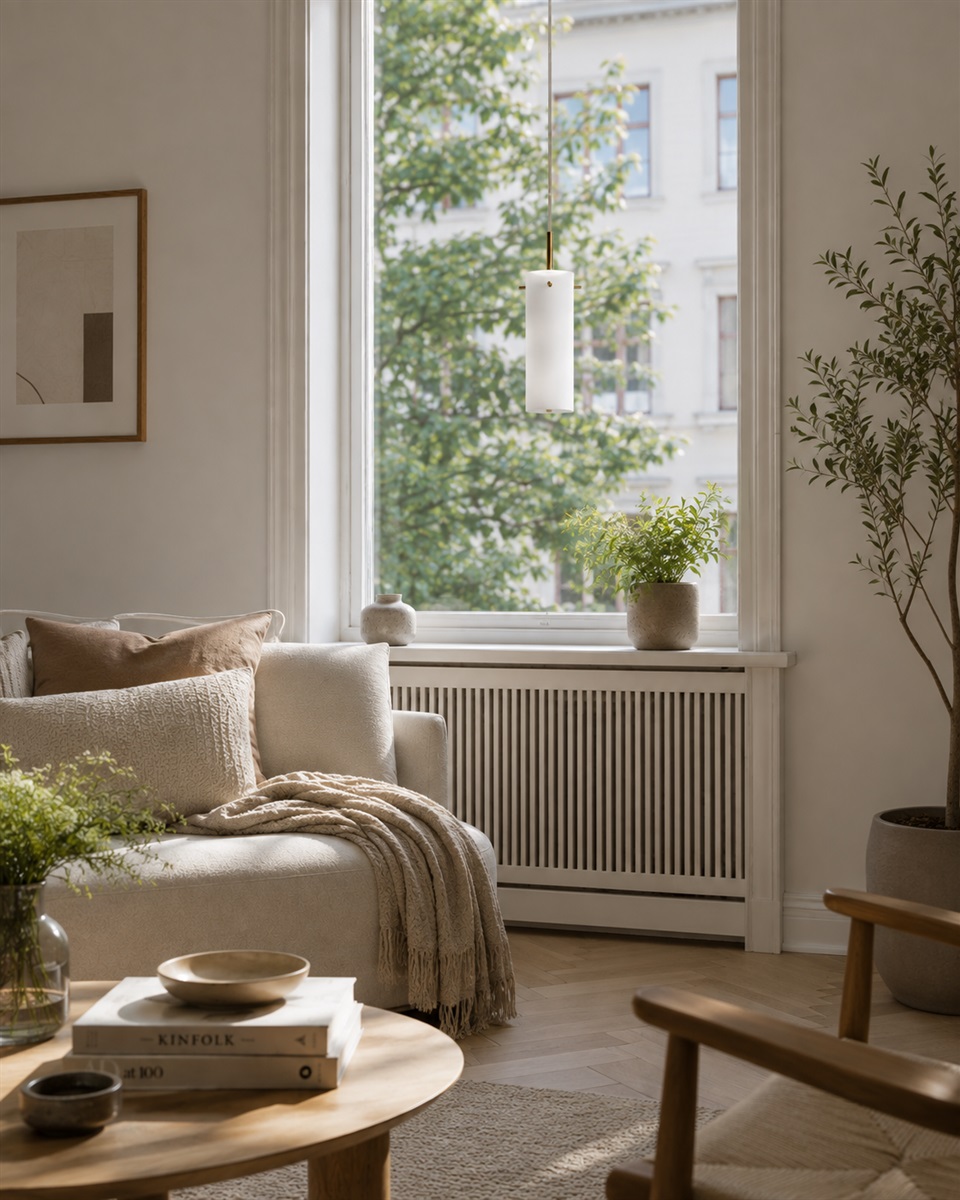 Cilinda Ø7 Messing/hvid vindueslampe Fra Nordic Lighting - Det hvide glas skaber en flot spredning af lys og i kombination med messingdetaljerne bliver det en stilfuld indretningsdetalje.