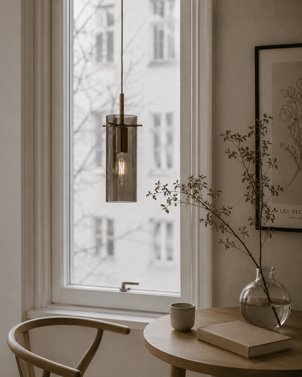 Cilinda Ø7 Messing/røget vindueslampe Fra Nordic Lighting - Det r&oslash;gede glas skaber en flot spredning af lys og i kombination med messingdetaljerne bliver det til en stilfuld indretningsdetalje.