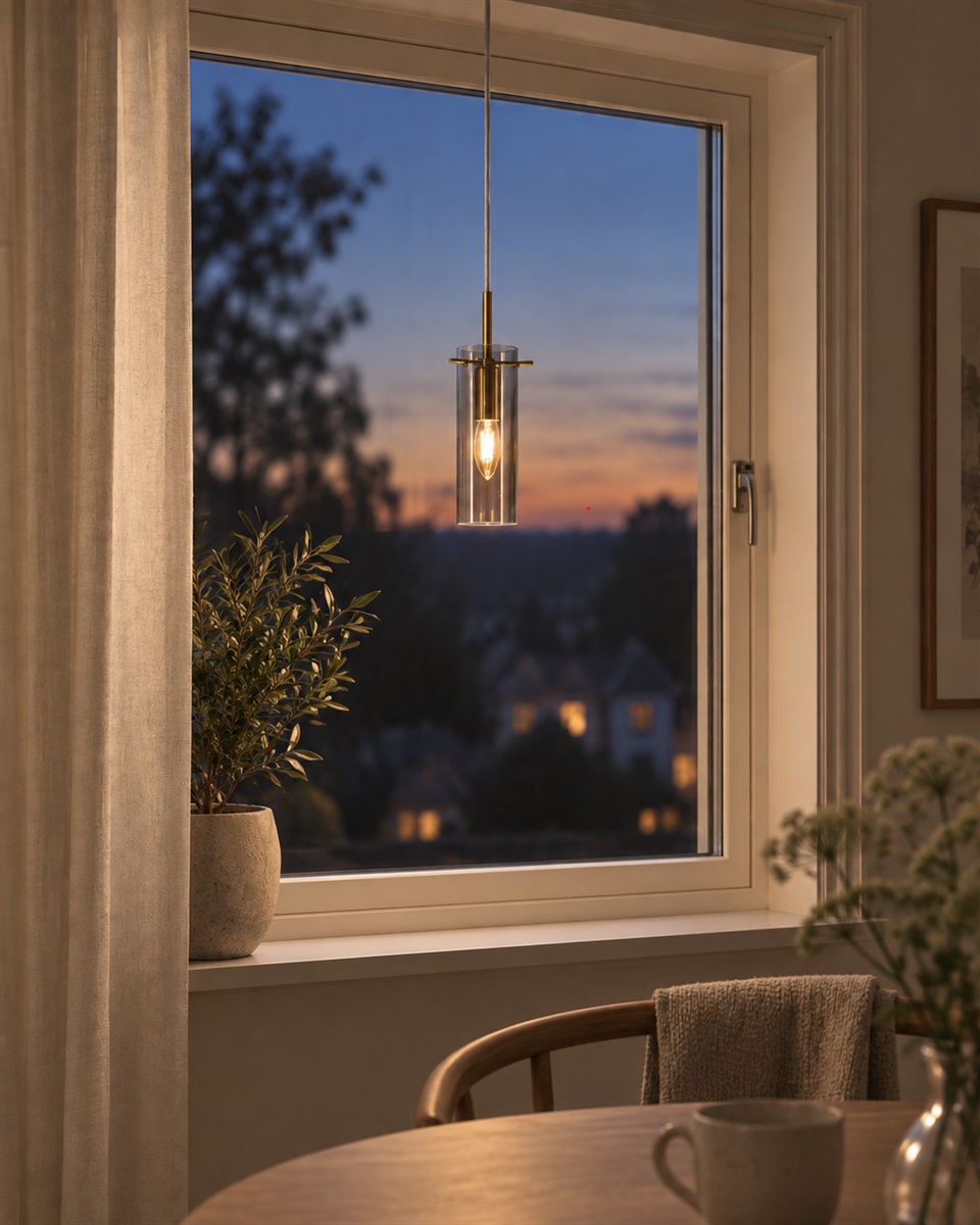 Cilinda Ø7 Messing/røget vindueslampe Fra Nordic Lighting - Det r&oslash;gede glas skaber en flot spredning af lys og i kombination med messingdetaljerne bliver det til en stilfuld indretningsdetalje.