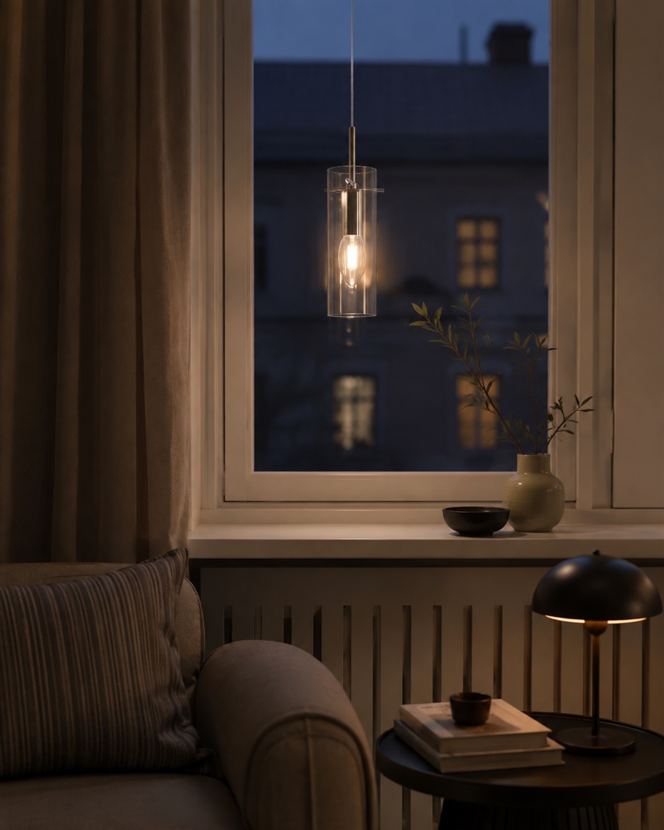 Cilinda Ø7 Krom/transparent vindueslampe Fra Nordic Lighting - Det klare glas skaber en flot lysspredning, og i kombination med metallet i en forkromet finish bliver det en stilfuld indretningsdetalje.