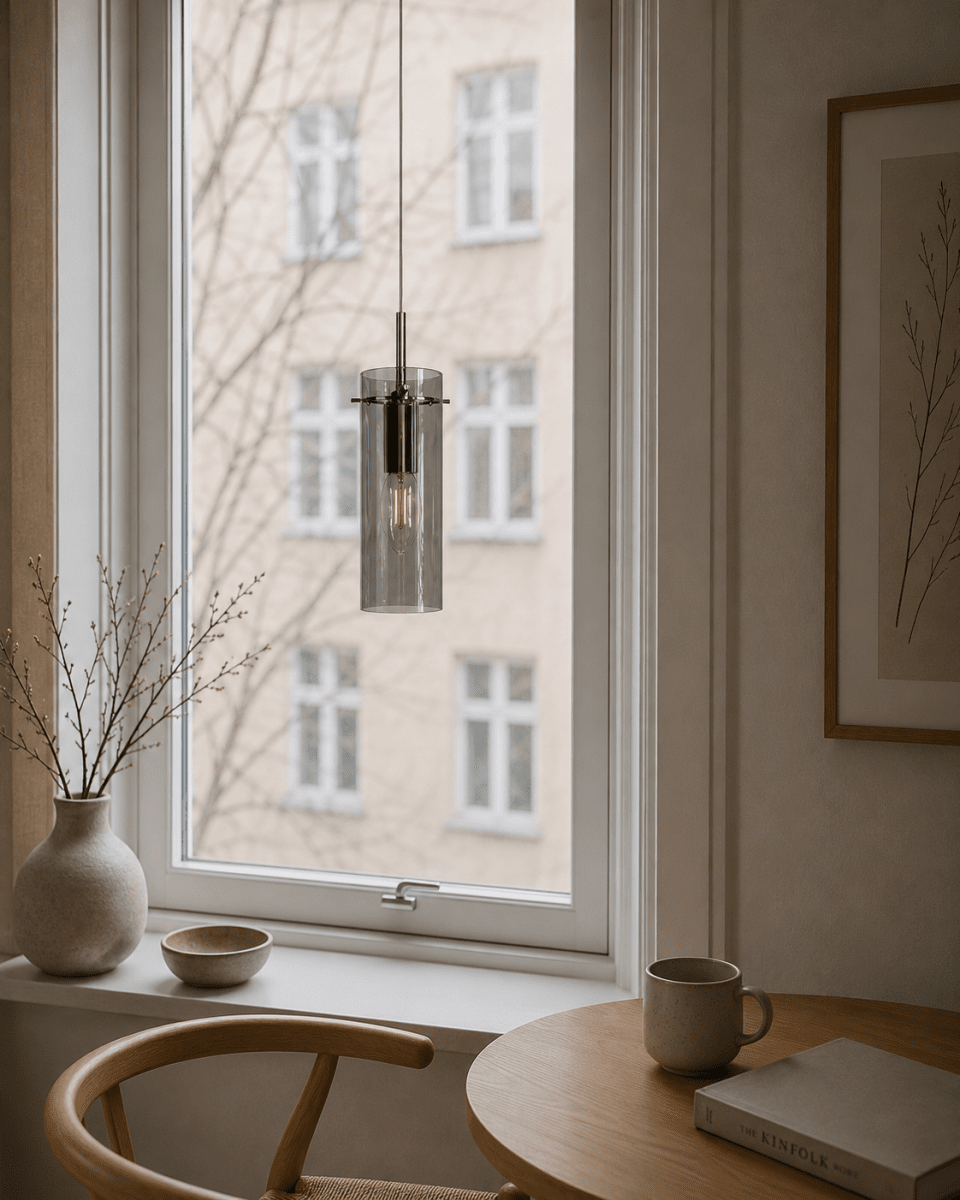 Cilinda Ø7 Krom/røget vindueslampe Fra Nordic Lighting - Det r&oslash;gede glas skaber en flot lysfordeling og i kombination med kromdetaljerne bliver det en stilfuld indretningsdetalje.