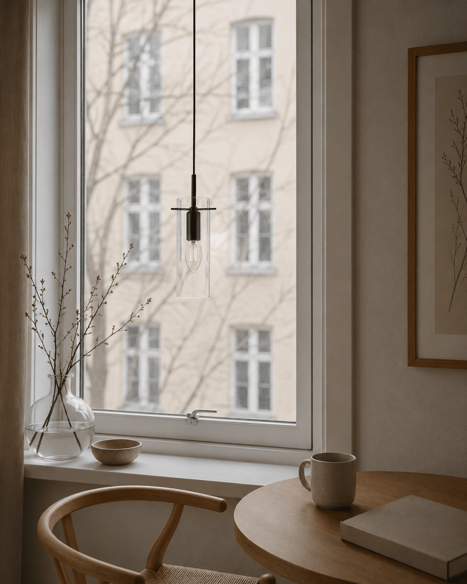 Cilinda Ø7 Sort/gennemsigtig vindueslampe Fra Nordic Lighting - Det klare glas skaber en flot spredning af lys og i kombination med det sorte metal bliver det en stilfuld indretningsdetalje.