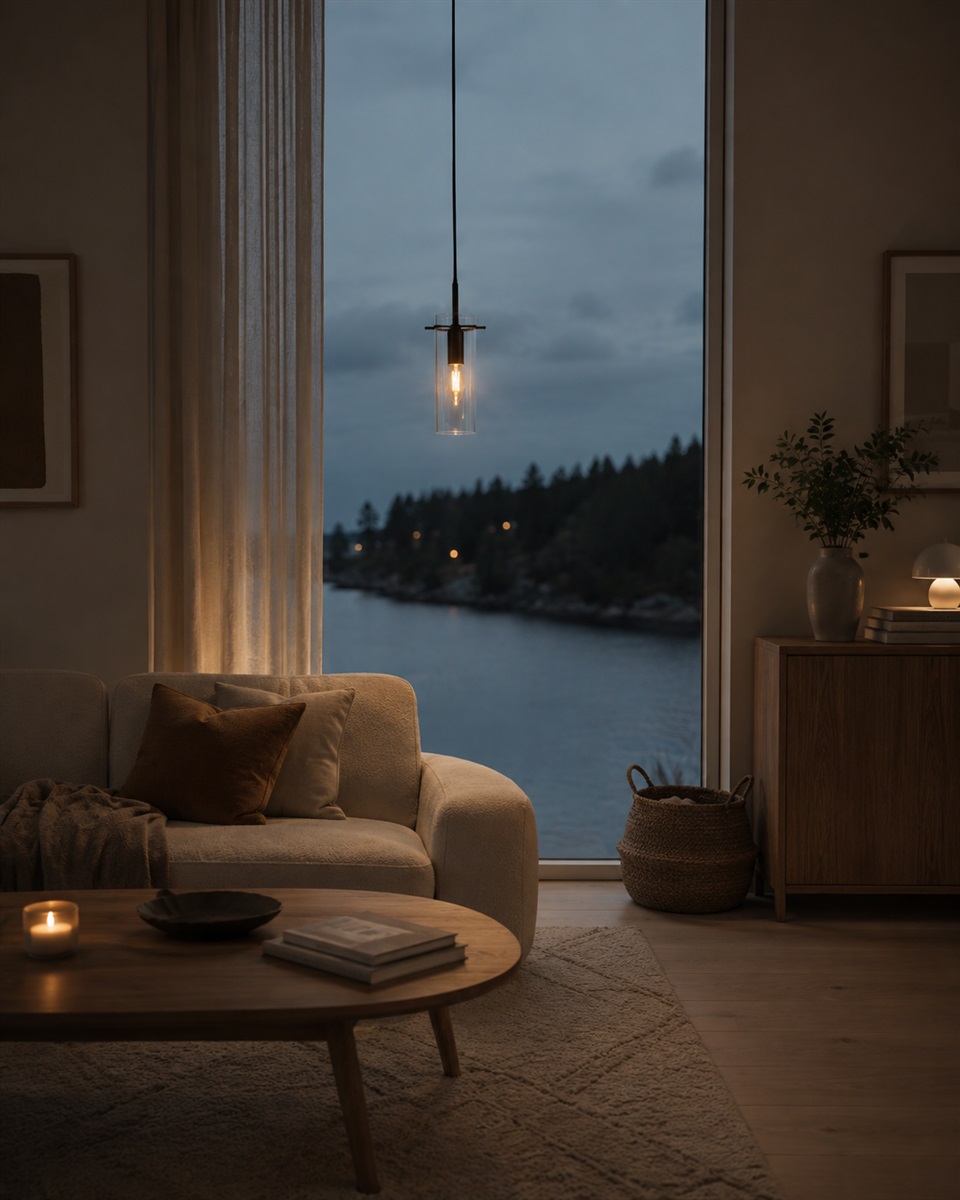 Cilinda Ø7 Sort/gennemsigtig vindueslampe Fra Nordic Lighting - Det klare glas skaber en flot spredning af lys og i kombination med det sorte metal bliver det en stilfuld indretningsdetalje.