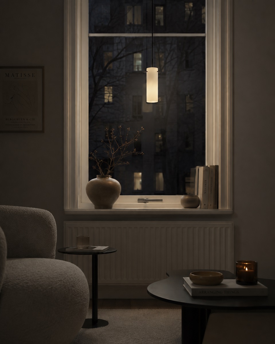 Cilinda Ø7 Sort og hvid vindueslampe Fra Nordic Lighting - Det hvide glas skaber en flot spredning af lys og i kombination med det sorte metal bliver det en stilfuld indretningsdetalje.