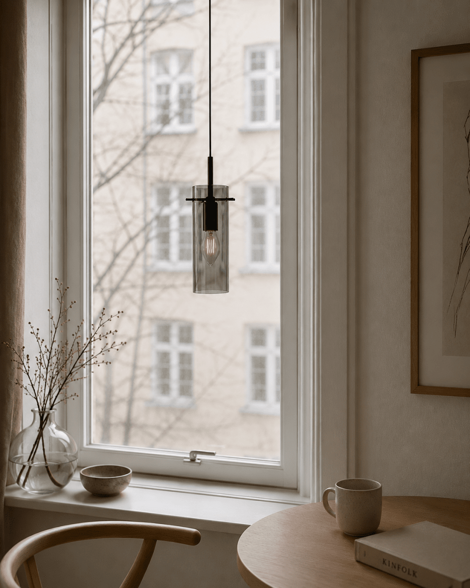 Cilinda Ø7 Sort/Røget vindueslampe Fra Nordic Lighting - Det r&oslash;gede glas skaber en flot lysfordeling og i kombination med det sorte metal bliver det en stilfuld indretningsdetalje.