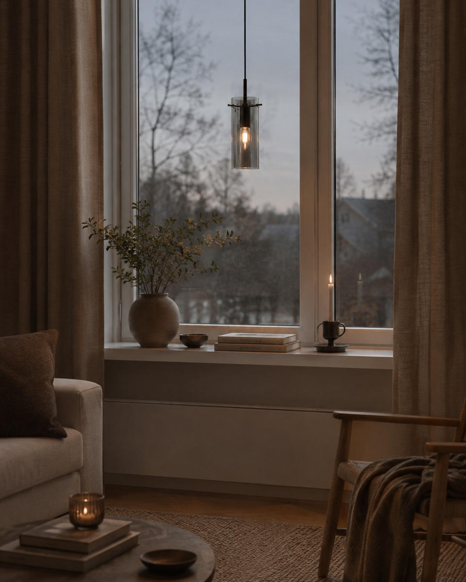 Cilinda Ø7 Sort/Røget vindueslampe Fra Nordic Lighting - Det r&oslash;gede glas skaber en flot lysfordeling og i kombination med det sorte metal bliver det en stilfuld indretningsdetalje.