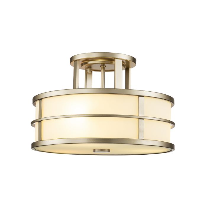 Fusion Ø34 Messing plafond Fra Elstead Lighting - Armaturet har en rund loftplade og en r&aelig;kke ydre st&aelig;nger, der holder en cirkul&aelig;r ramme.