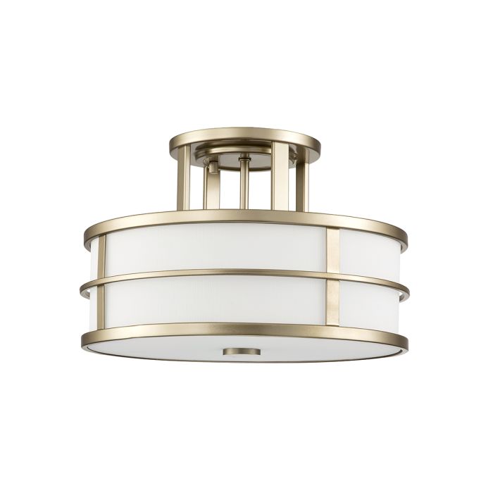 Fusion Ø34 Messing plafond Fra Elstead Lighting - Armaturet har en rund loftplade og en r&aelig;kke ydre st&aelig;nger, der holder en cirkul&aelig;r ramme.
