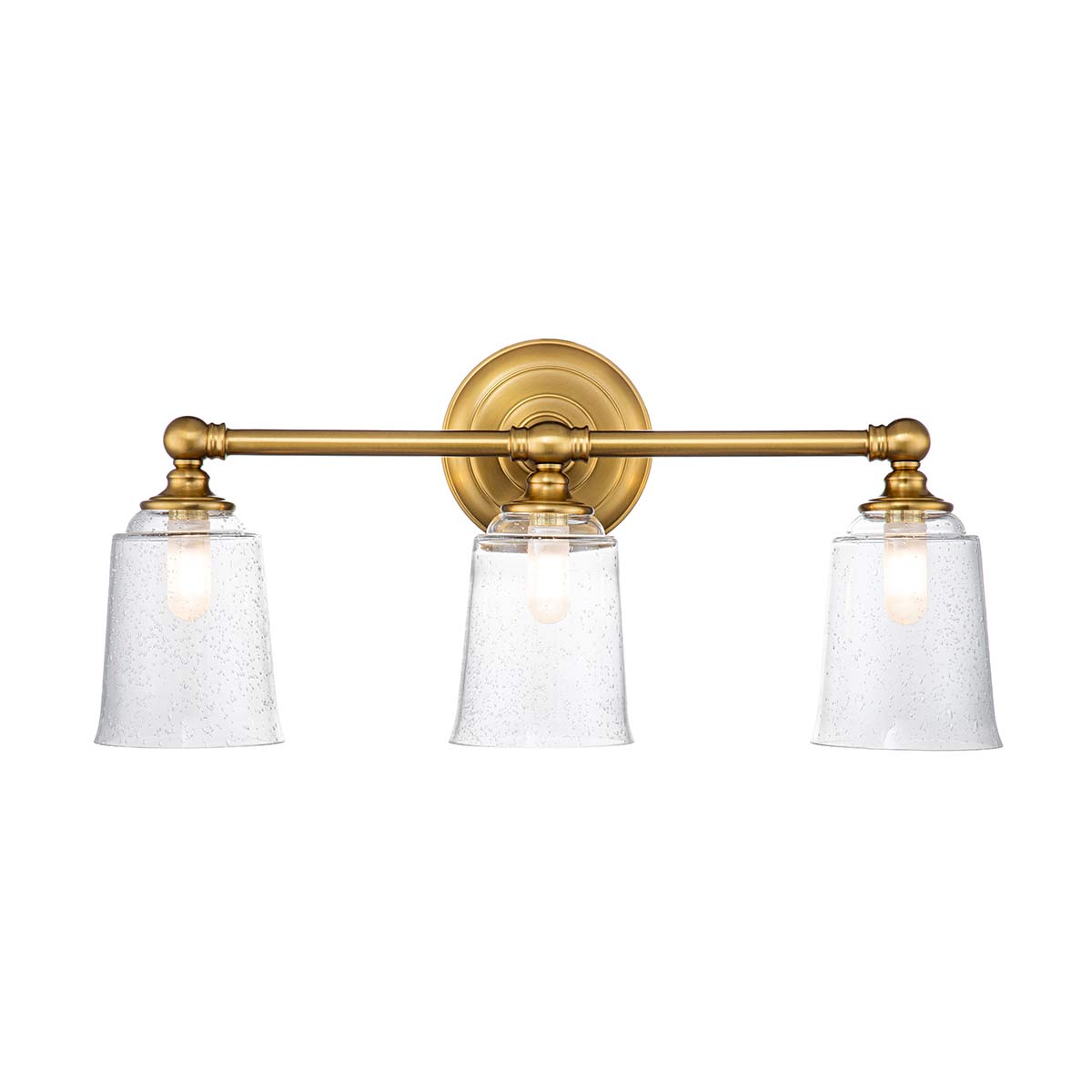 Huguenot Lake 53cm Messing badeværelseslampe Fra Elstead Lighting - De elegante cirkulære detaljer og håndskårne beslag giver en følelse af traditionelt håndværk, mens det klare, strukturerede glas skaber et blødt og indbydende lys.