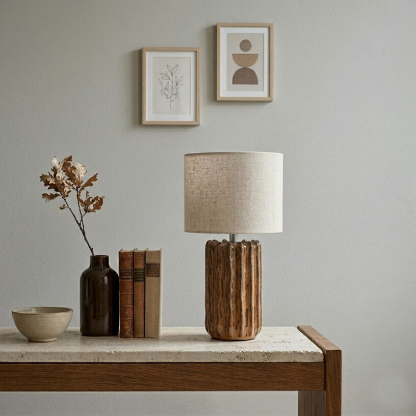 Flint 33cm Brun bordlampe Fra Cottex - Den strukturerede overflade og glaserede finish skaber et livligt udtryk med fine farve- og formskift.