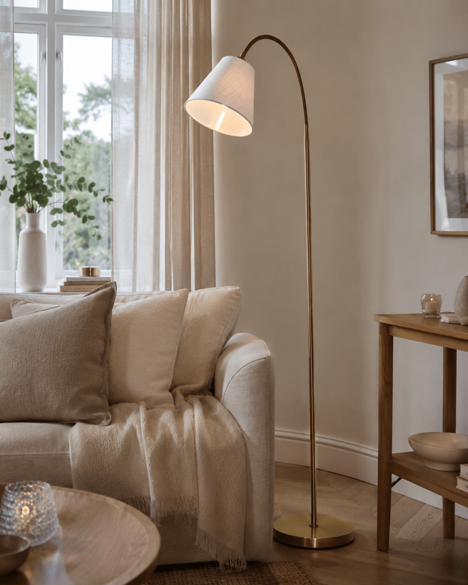 Uno Antik messing gulvlampe Fra Lampan - Uno er en elegant metalgulvlampe med en smuk antik messingfinish, der giver et varmt og klassisk udtryk.