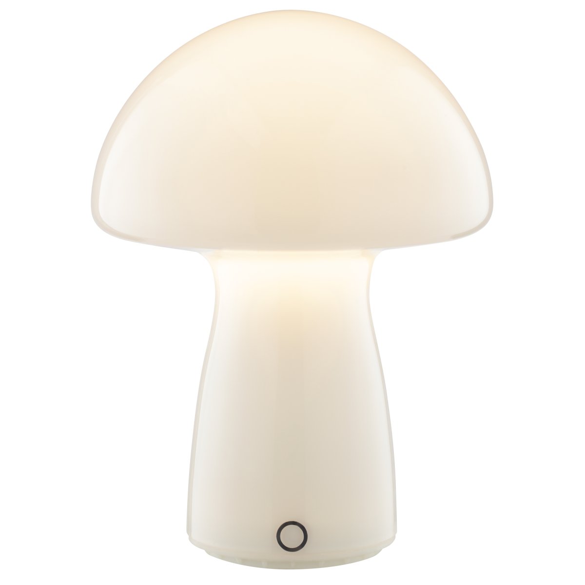 Erik 22cm Hvid bærbar Fra Brilliant - Erik er en bærbar og genopladelig bordlampe med et charmerende design af glas i en hvid finish, der ligner en lille svamp.