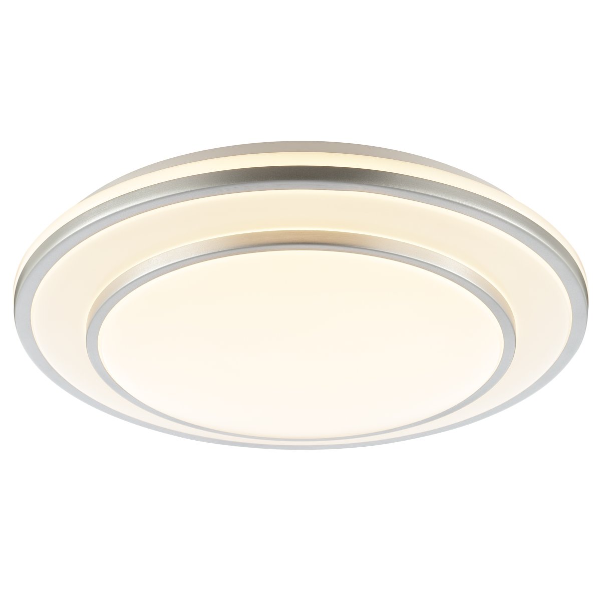 Luciano Ø40 Sølv plafond Fra Brilliant - Luciano er en stilfuld loftslampe lavet af metal og plastik, designet med sølvrammer, der indrammer det runde LED-panel på en moderne og diskret måde.