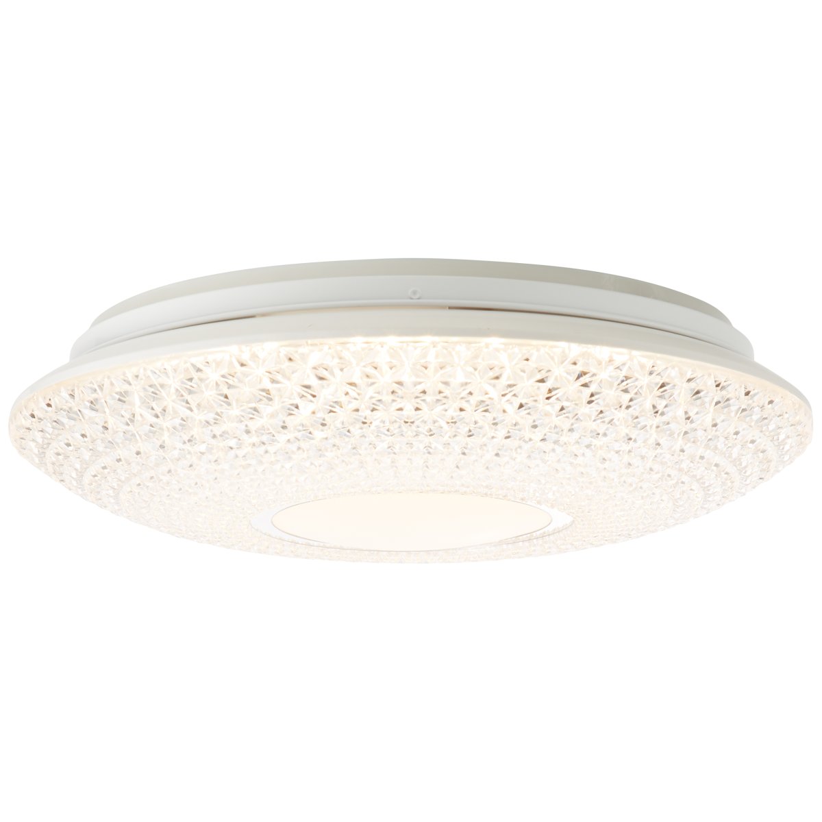 Lucian Ø40 Hvid plafond Fra Brilliant - LED-panelet omfavnes af den klare sk&aelig;rm med sm&aring; prismer, der skaber et smukt lysm&oslash;nster i rummet, n&aring;r lampen er t&aelig;ndt.
