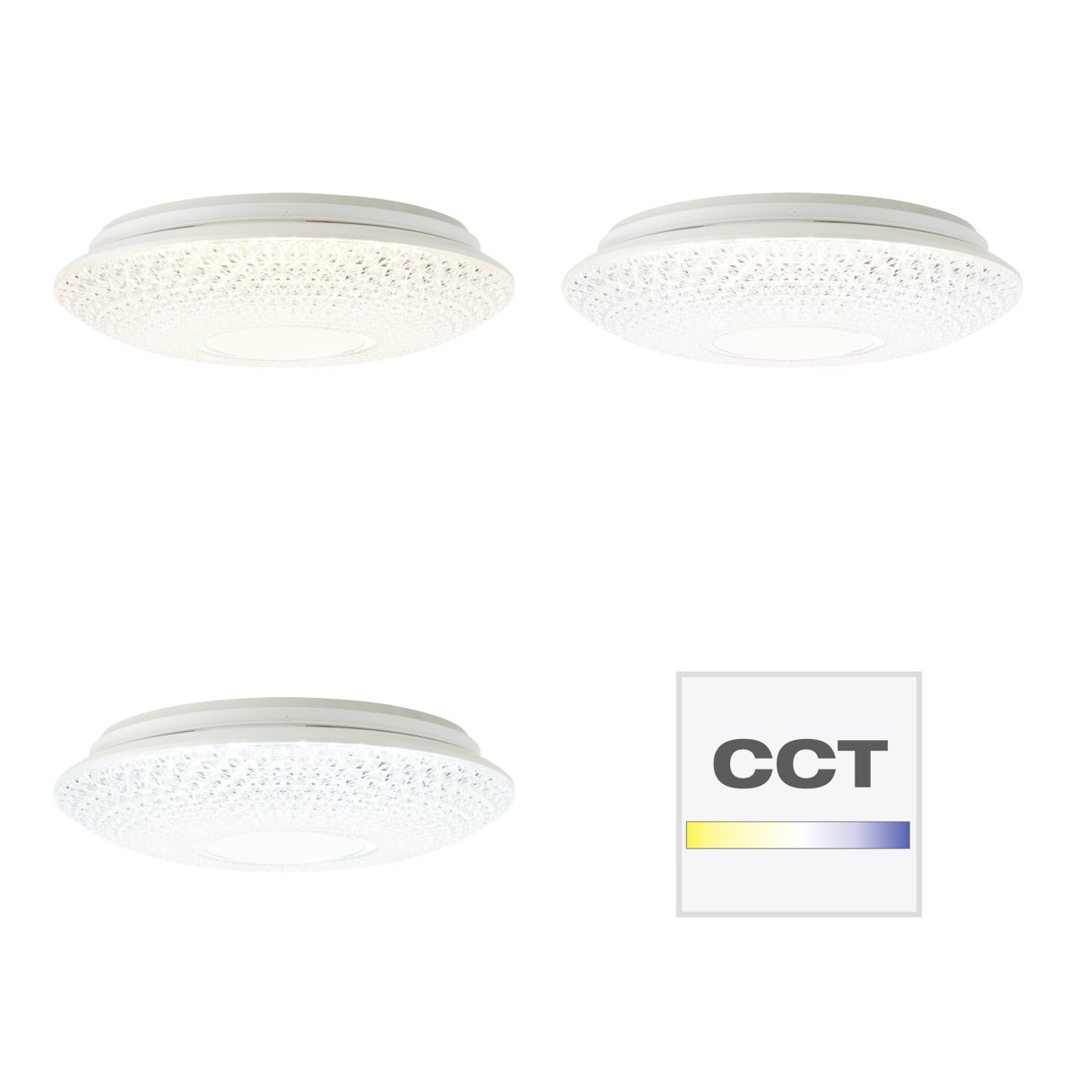 Lucian Ø40 Hvid plafond Fra Brilliant - LED-panelet omfavnes af den klare sk&aelig;rm med sm&aring; prismer, der skaber et smukt lysm&oslash;nster i rummet, n&aring;r lampen er t&aelig;ndt.