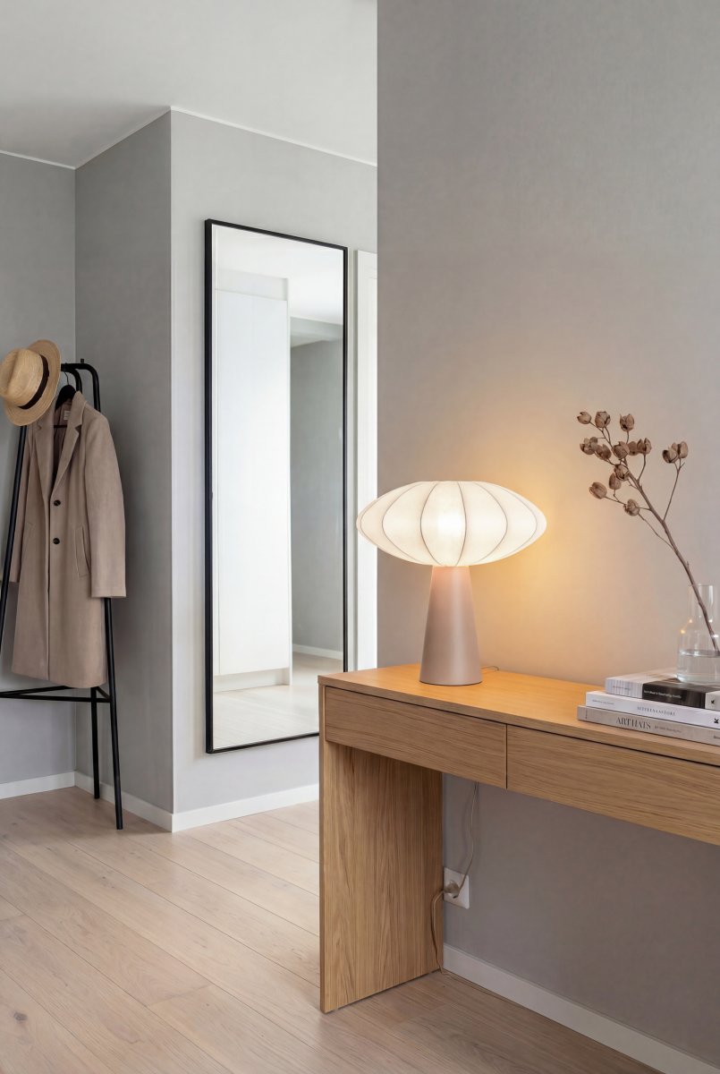 Madison 35cm Beige bordlampe Fra Aneta Lighting - Den varme beige base skaber en flot kontrast til lyssk&aelig;rmen og giver lampen et varmt og harmonisk udtryk.