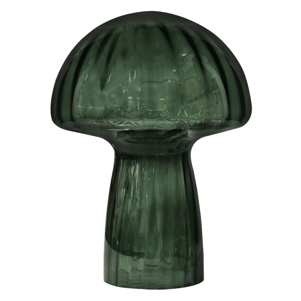 Svamp 23cm Grøn bordlampe Fra Pixie Design - Den er udstyret med timer og en praktisk 5-trins lysd&aelig;mper til at justere lyset efter behov, hvilket g&oslash;r den perfekt til b&aring;de opgavebelysning og hyggelig aftenbelysning.