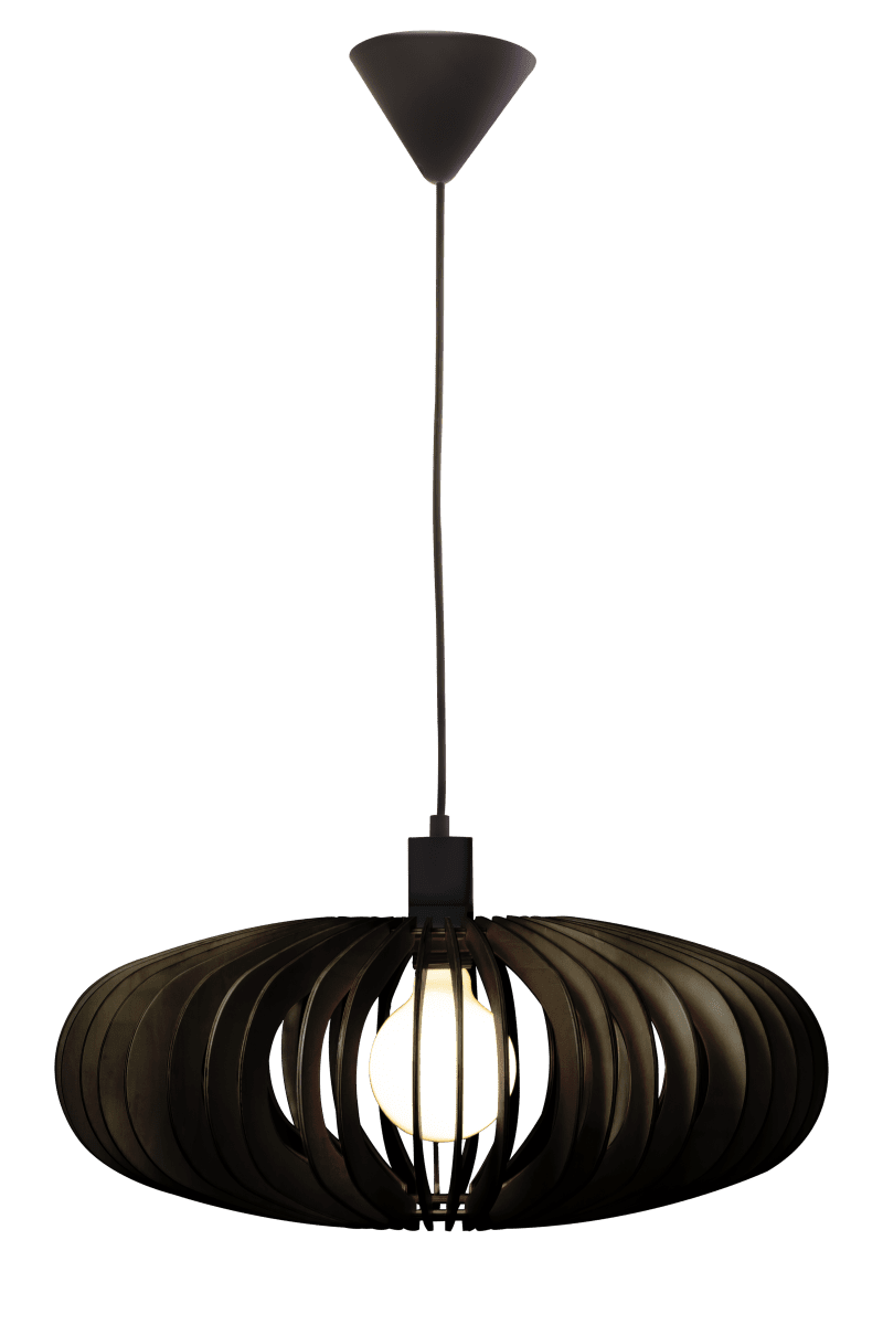 Arcos Ø50 Sort loftslampe Fra Aneta Lighting - Den elegante loftslampe Arcos består af krydsfinerlameller i en blød afrundet form, der skaber en smuk lys- og skyggeeffekt.