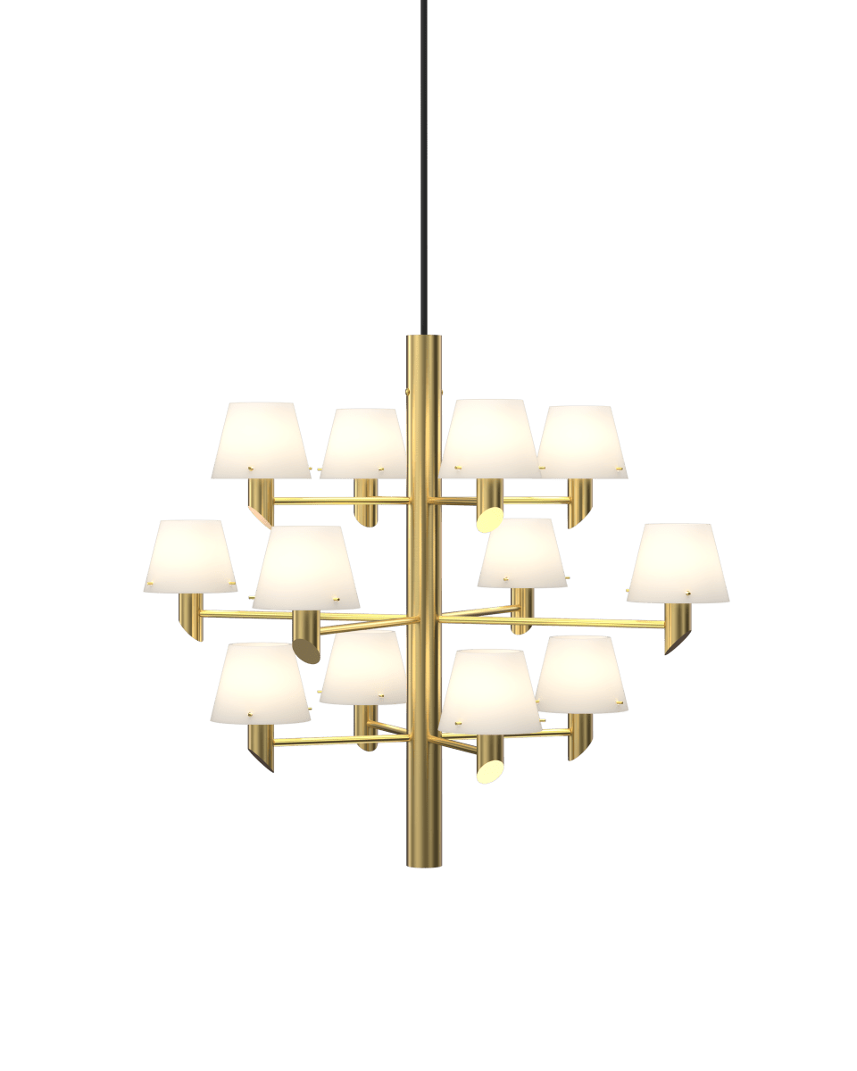 Gil Ø67 Messing loftslampe Fra Herstal - Et moderne design, der reflekterer lys og liv med selvsikker elegance gennem de opalglassk&aelig;rme.
