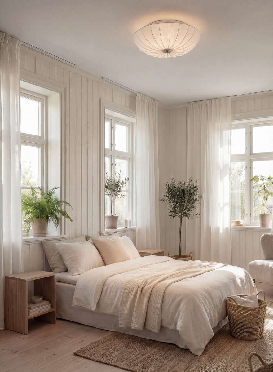 Lady Ø55 Hvid plafond Fra Aneta Lighting - N&aring;r lampen er t&aelig;ndt, spredes et bl&oslash;dt og behageligt lys gennem stoffet og skaber en varm atmosf&aelig;re i rummet.