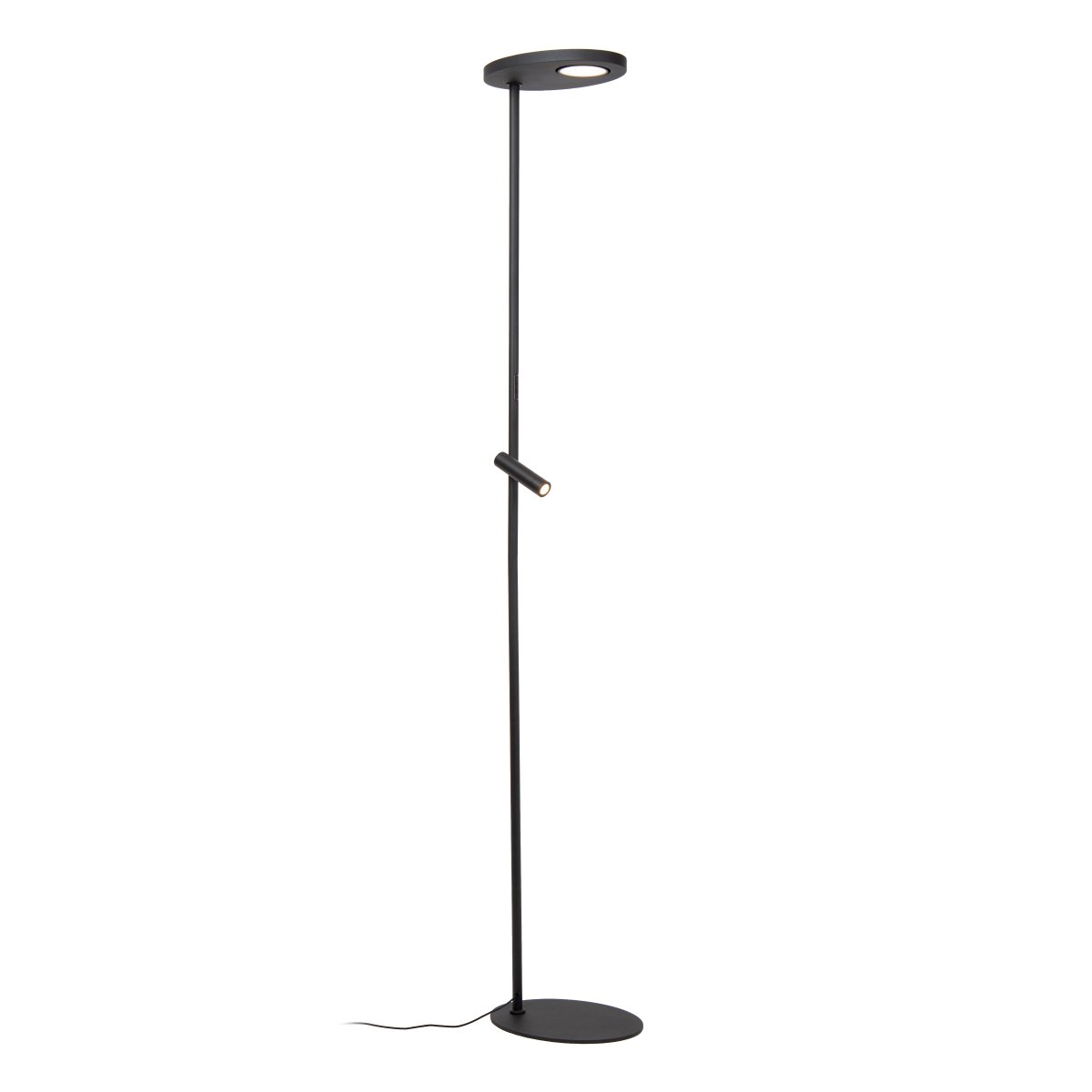 Ortolan Sort gulvlampe Fra Lucide - Uplighten har et drejeligt LED-panel i en cirkul&aelig;r form, der kan drejes om sin egen akse for at rette lyset efter behov og skinner b&aring;de opad og nedad - 690 lm i toppen og 506 lm i bunden.