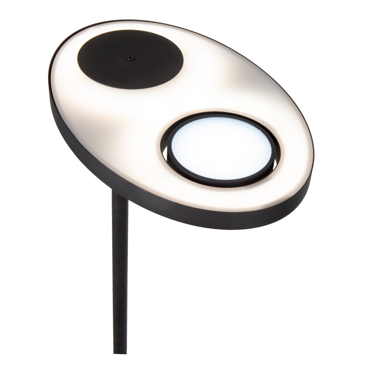 Ortolan Sort gulvlampe Fra Lucide - Uplighten har et drejeligt LED-panel i en cirkul&aelig;r form, der kan drejes om sin egen akse for at rette lyset efter behov og skinner b&aring;de opad og nedad - 690 lm i toppen og 506 lm i bunden.