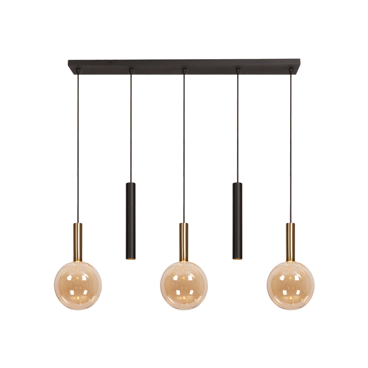Josiane 105cm Sort loftslampe Fra Lucide - De ravfarvede glaskupler har messingfarvede monteringer og har hver en G9-lyskilde, der spreder et bl&oslash;dt og indbydende sk&aelig;r.