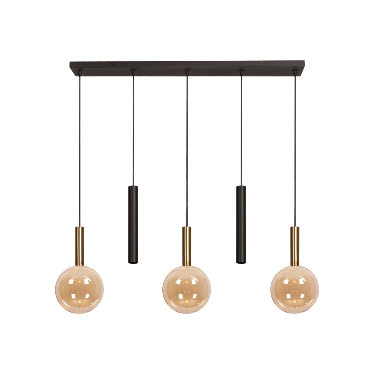 Josiane 105cm Sort loftslampe Fra Lucide - De ravfarvede glaskupler har messingfarvede monteringer og har hver en G9-lyskilde, der spreder et bl&oslash;dt og indbydende sk&aelig;r.