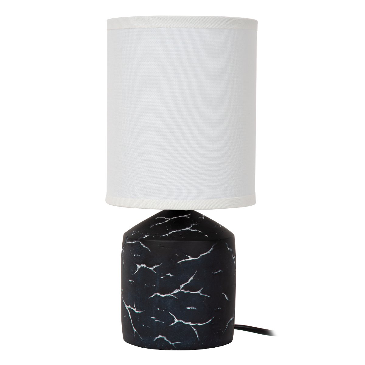 Fran 30cm Sort bordlampe Fra Lucide - Det hvide, uregelmæssige mønster på foden giver et marmoreret udseende og skaber en flot kontrast mod den mørke overflade.